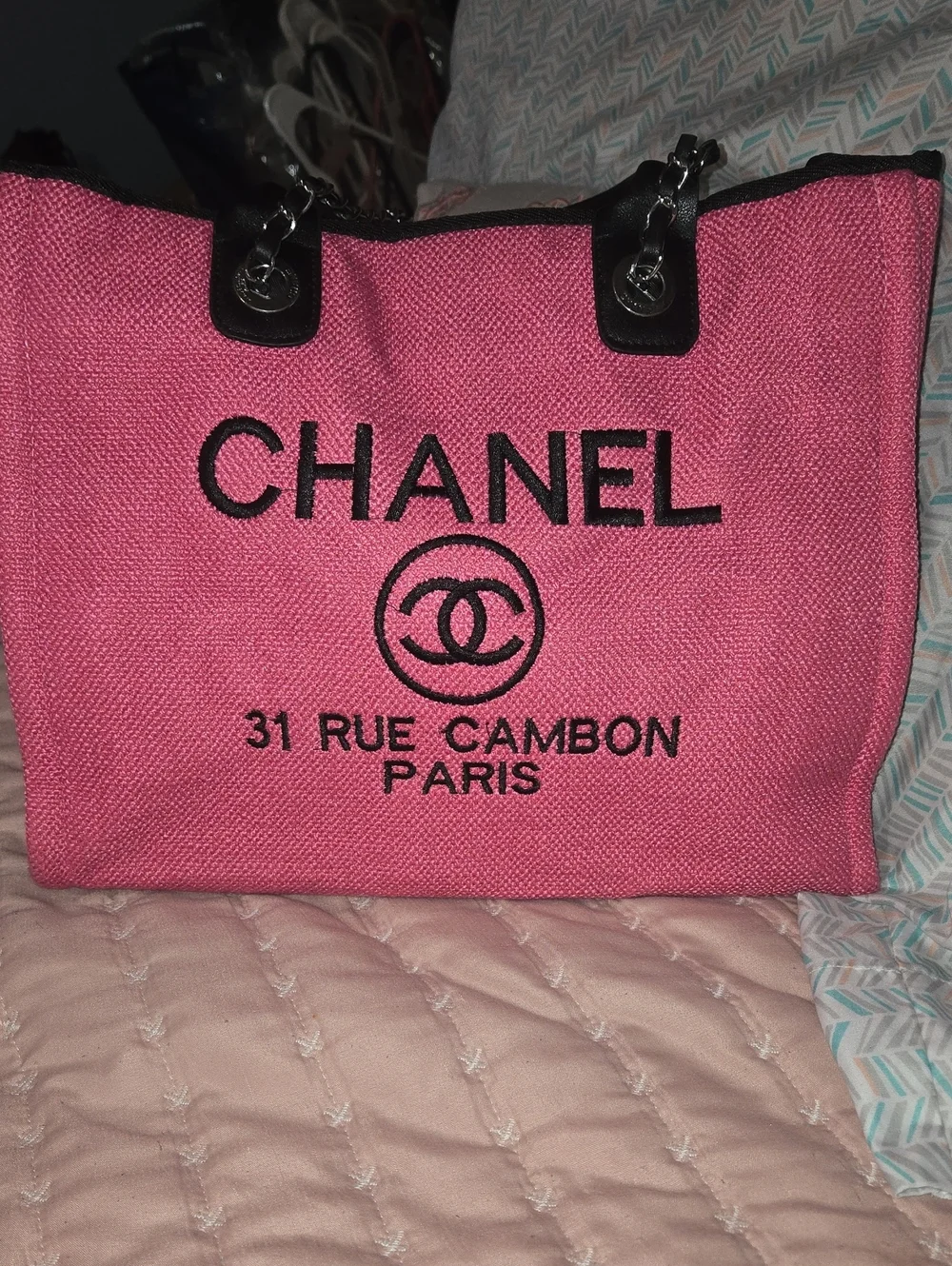 CHANEL Pink Canvas Tote with Black Logo and Trim